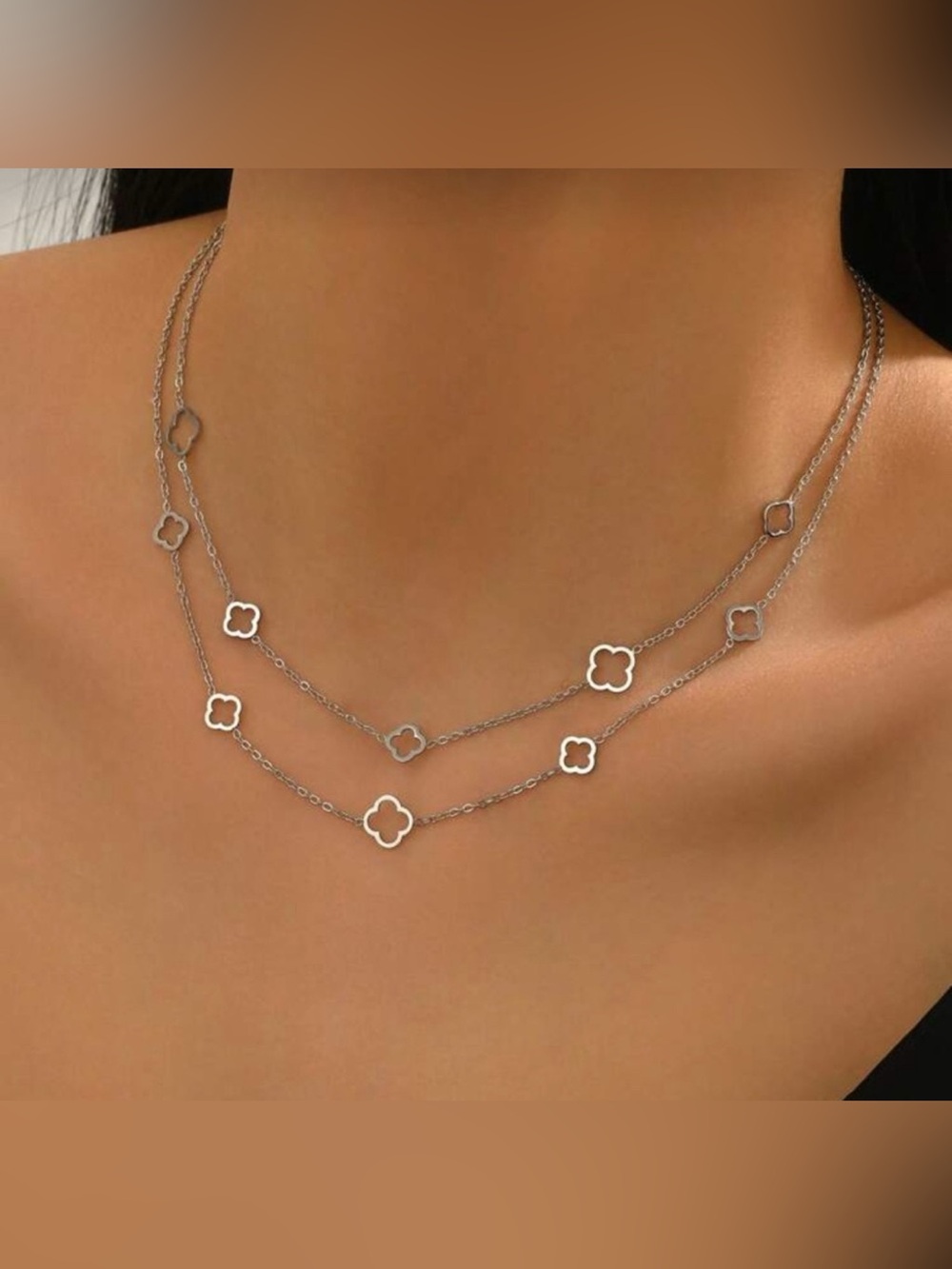Silver Plated Stainless 1pc Steel Clover Link Layered Necklace